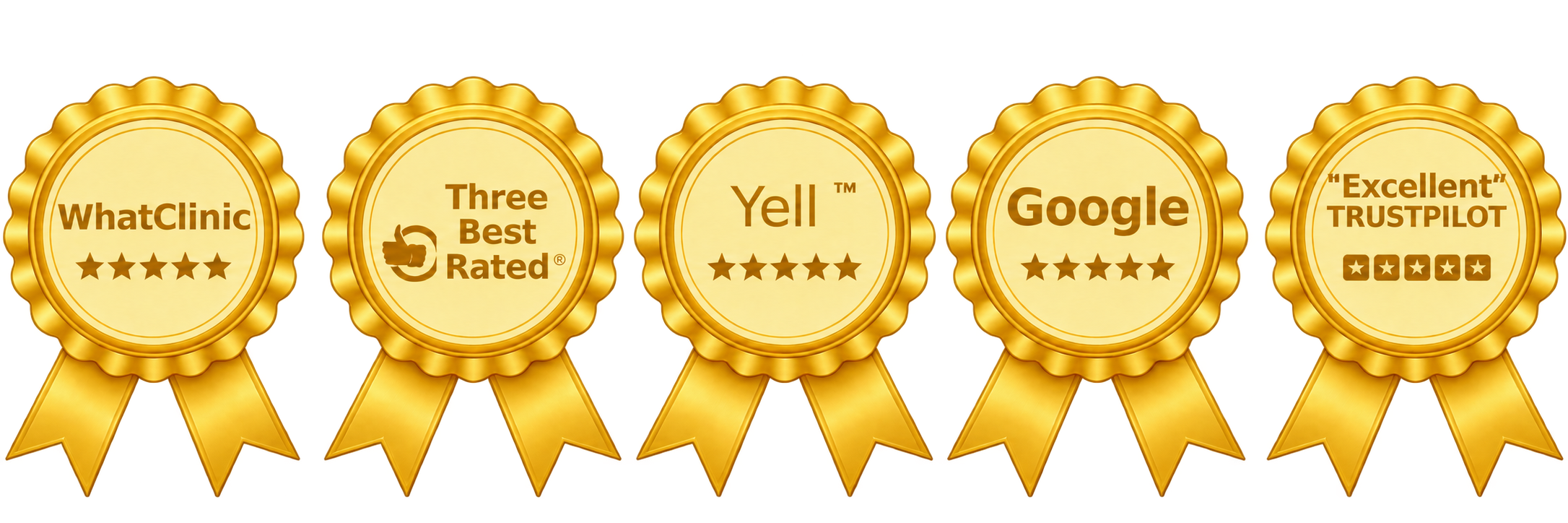 Clinic review awards from WhatClinic, Three Best Rated, Yell, Google and Trustpilot